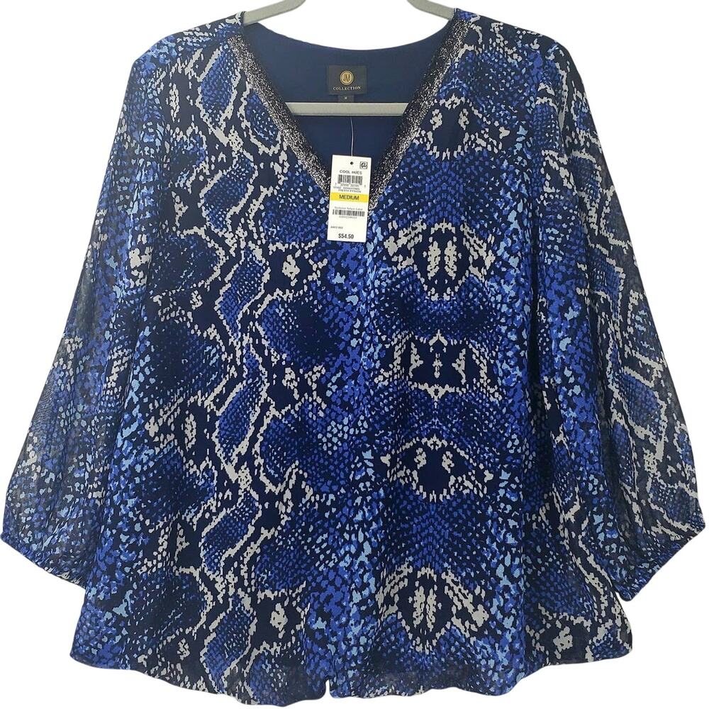 JM Collection Blue Snake Print Blouse Size M VNeck Shimmer Trim Flowy Lined NWT